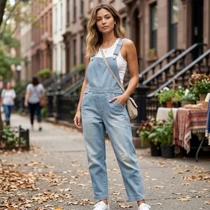 Gap 1969 Corduroy Overalls Womens Medium Blue Pinstripe Relaxed Fit Bib Jumpsuit